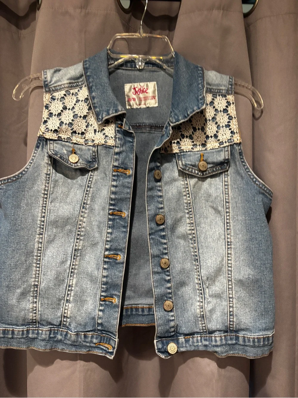 Justice Light Wash Denim Vest with Crochet detail